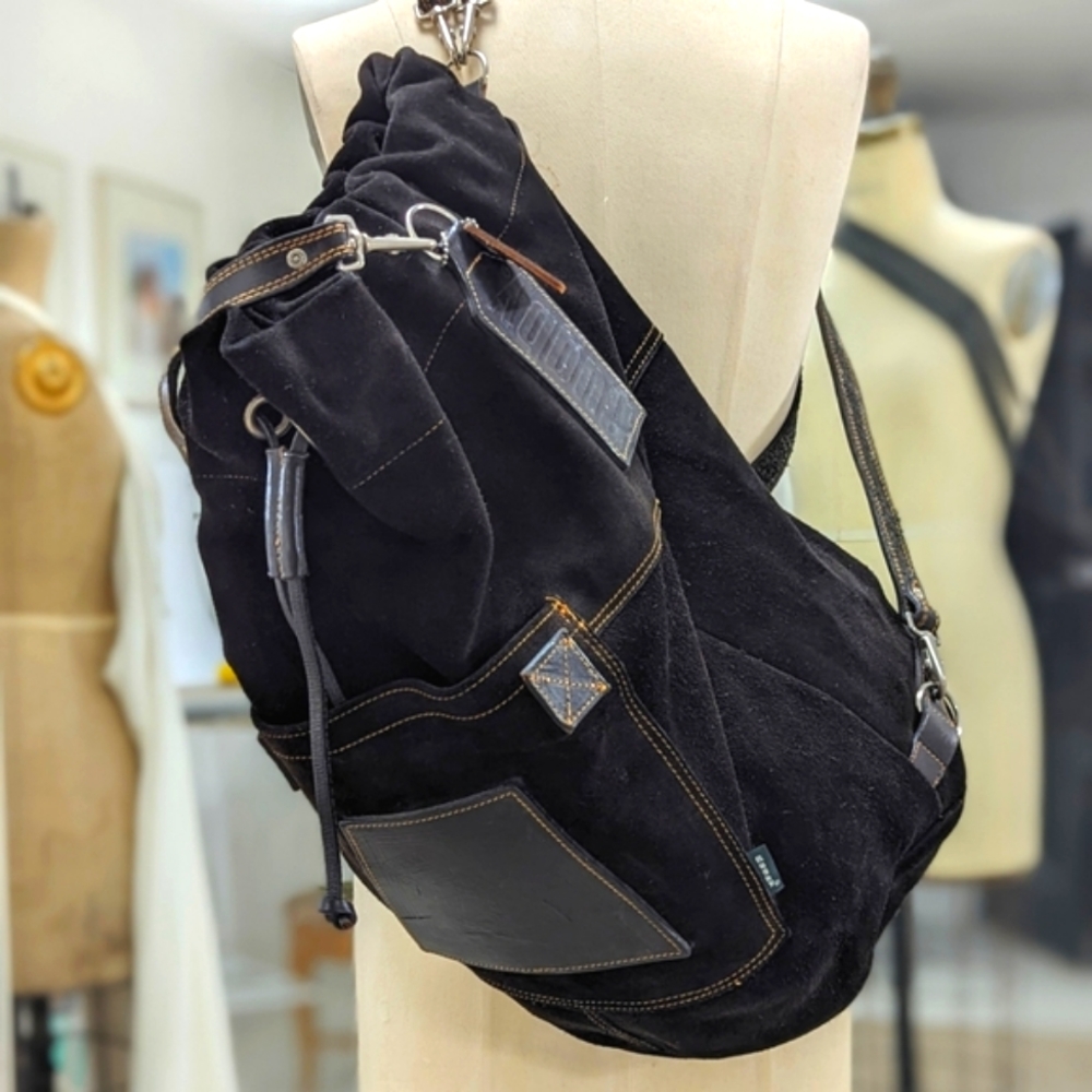 Black Suede Drawstring Backpack - Unbranded
